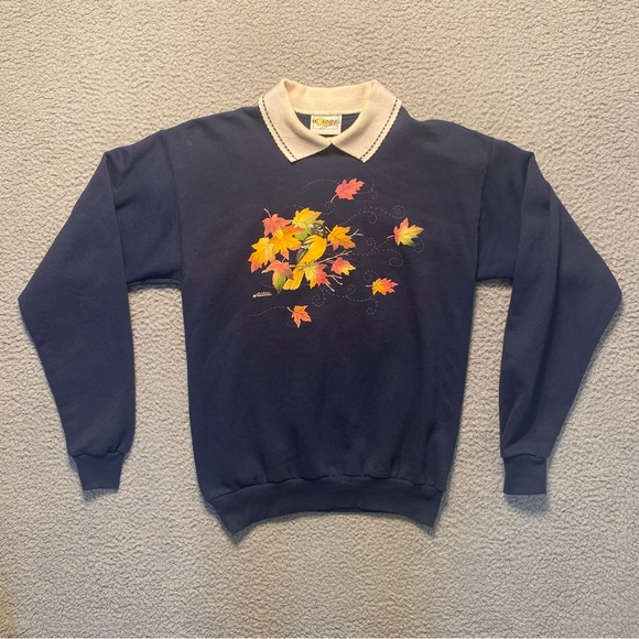 Morning Sun Baltimore Oriole Autumn Leaves Puff Paint Blue Collared Sweatshirt L - Picture 1 of 10